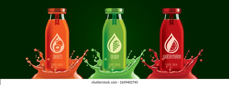 Fruit juice splash bottle set, peach, grape, watermelon sticker design.