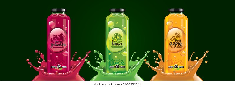 Juego de botellas de jugo de frutas, granada, kiwi, diseño de pegatinas de piña.