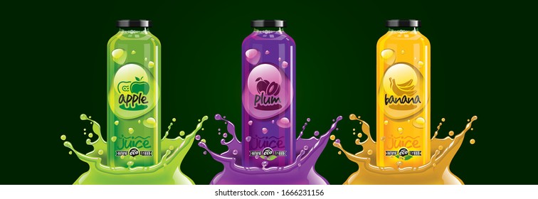 Juego de botellas de jugo de fruta, manzana, ciruela, diseño de pegatinas de plátano.