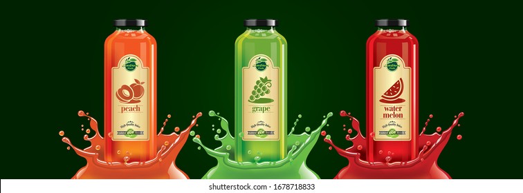 Fruit juice splash bottle set, peach, grape, watermelon sticker design.