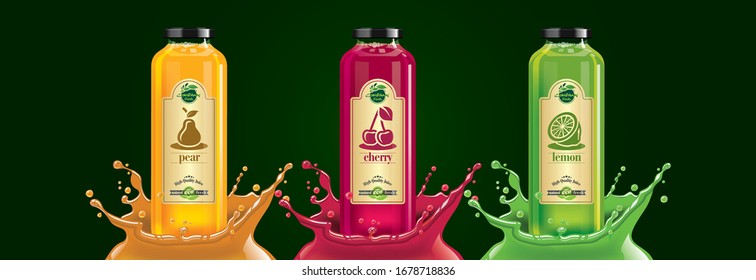Fruit juice splash bottle set, pear, cherry, lemon sticker design.