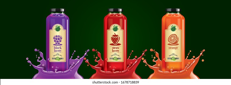 Fruit juice splash bottle set, blackberry, strawberry, orange sticker design.
