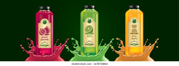 Fruit juice splash bottle set, pomegranate, kiwi, pineapple sticker design.