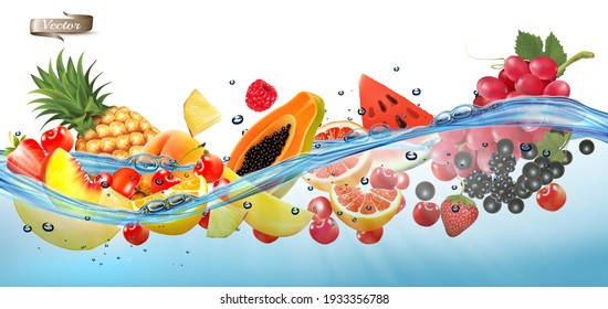 Fruit in juice splash panorama. Pineapple, strawberry, raspberry, blueberry, blackberry, orange, guava, citron, grape, watermelon, honey melon, mango, black currant. Vector.