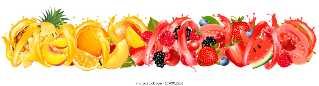 Fruit in juice splash panorama. Strawberry, raspberry, blueberry, blackberry, orange, guava, watermelon, pineapple, mango, peach. Vector.