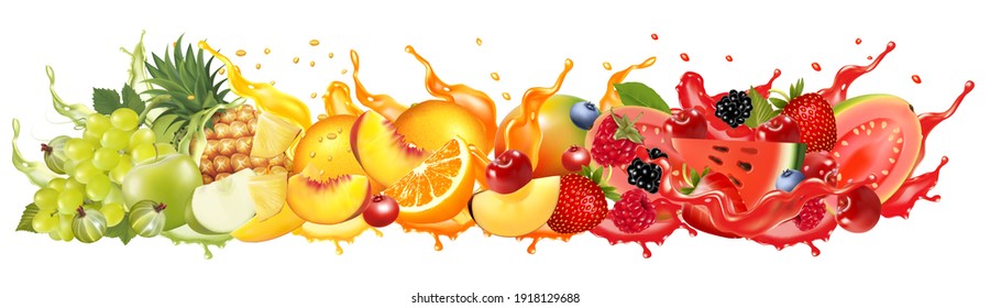 Fruit in juice splash panorama. Strawberry, raspberry, blueberry, blackberry, orange, guava, watermelon, pineapple, mango, peach. Vector.