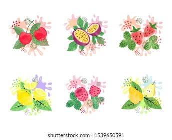 Fruit juice splash vector set. Watercolor illustration of cherry, pear, srawberry, raspberry and lemon fresh juice.