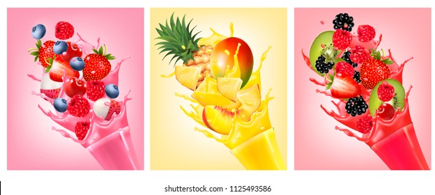 Fruit in juice splashes. Strawberry, guava, watermelon, pineapple, mango, peach, raspberry, blackberry. Vector.