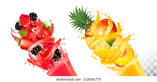 Fruit in juice splashes. Strawberry, raspberry, blackberry, pineapple, mango, peach Vector.