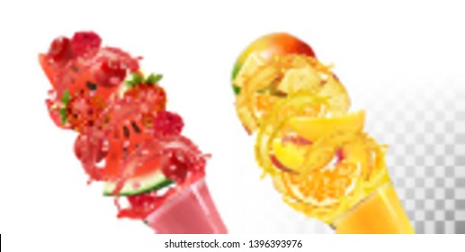 Fruit in juice splashes. Strawberry, raspberry, watermelon, pineapple, mango, peach. Vector.