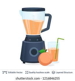 Fruit Juice Squeezer or Blender Kitchen Appliance. Peach juice in a glass and fruit. 