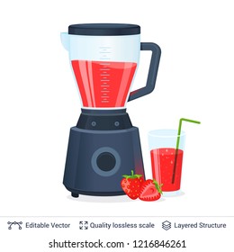 Fruit Juice Squeezer or Blender Kitchen Appliance. Strawberry juice in a glass and fruit. 