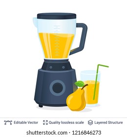 Fruit Juice Squeezer or Blender Kitchen Appliance. Pear juice in a glass and fruit. 