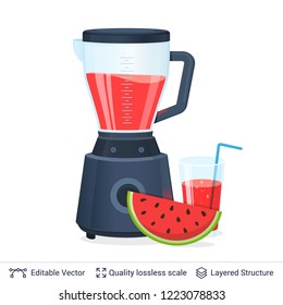 Fruit Juice Squeezer or Blender Kitchen Appliance. Watermelon juice in a glass and fruit. Vector flat material design isolated on white.