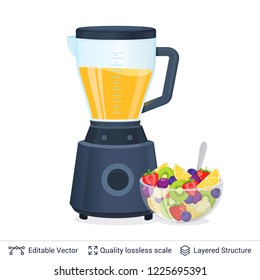 Fruit Juice Squeezer or Blender Kitchen Appliance. Fruit mix in a bowl. Vector flat material design isolated on white.