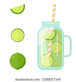 Fruit juice in a transparent glass jar, straw tube. Lime drink. Template. Vector illustration