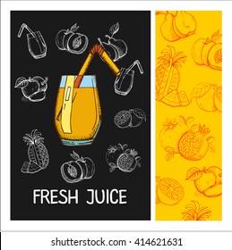Fruit juice. Fruit. Vector illustration. Fruit drawn in chalk on a black Board. Hand drawn vector illustration.
