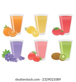 Fruit juice vector illustration. Glass of juice. Oranges, lemons, tomatoes, grapes, strawberries, kiwis juice. Fresh healthy fruit.