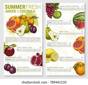 Fruit Juices And Cocktail Price For Restaurant Of Cafe Menu. Vector Sketch Lemonade And Compote Drinks Of Apple, Peach Or Pear, Pomegranate Or Kiwi, Tropical Lemon And Watermelon