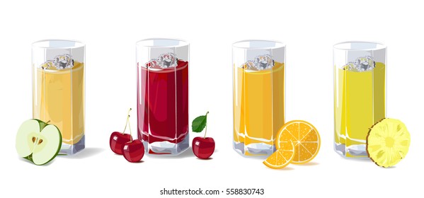Fruit juices. A set of glasses with fruit juice, apple, cherry, orange and pineapple. Vector