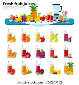 Fruit juices vector flat illustrations. Many fresh fruits and  liquidizer on the table. Healthy lifestyle and summer concept. Orange, apple, pear, peach, pomegranate, grapes, banana juices isolated