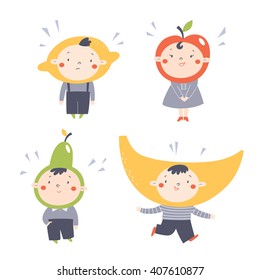 Fruit kids vector set. Lemon, apple, pear, banana.
