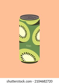 Fruit kiwi soda. Social media stickers, tropical cold drink. Delicious vacation, icons for grocery stores. Aluminum colorful can. Cartoon flat vector illustration isolated on beige background