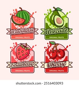Fruit Label Icons - Colorful Watermelon, Avocado, Strawberry, and Cherry Badges
