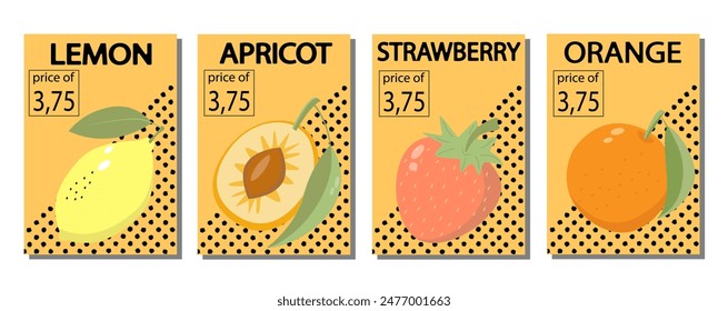 Fruit label set, price tags fruit poster banner template background in bright minimalistic style.