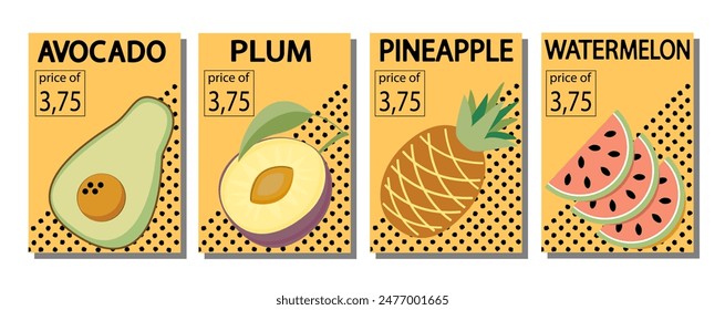 Fruit label set, price tags fruit poster banner template background in bright minimalistic style.