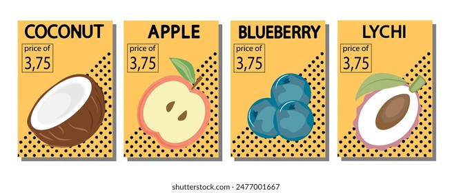 Fruit label set, price tags fruit poster banner template background in bright minimalistic style.