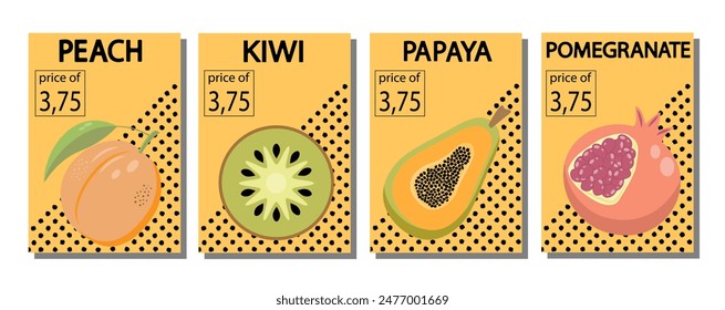 Fruit label set, price tags fruit poster banner template background in bright minimalistic style.