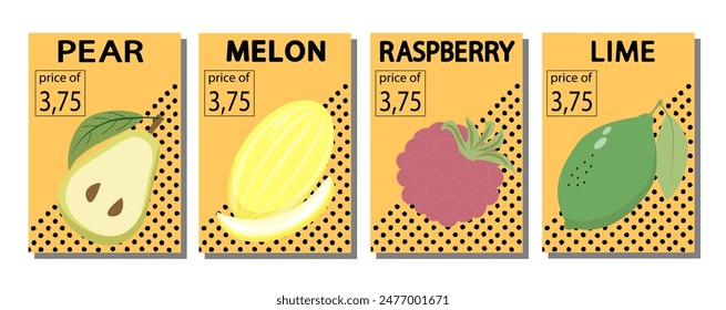 Fruit label set, price tags fruit poster banner template background in bright minimalistic style.