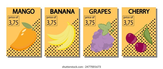 Fruit label set, price tags fruit poster banner template background in bright minimalistic style.