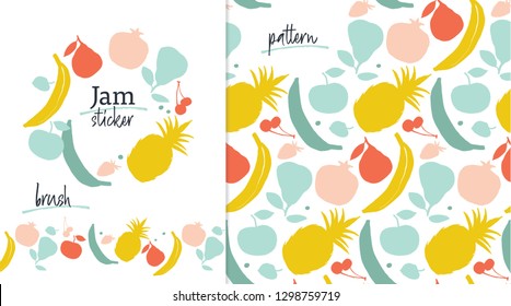 Fruit label template, pattern and brush in mint, yellow and red colors