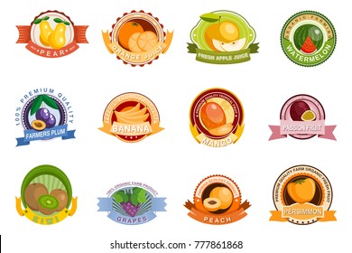 Fruit label vector fruity apple orange juice package and fruitful mango sign or juicy berry sticker set illustration isolated on white background
