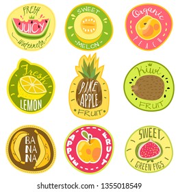 Fruit labels. Juice fresh and organic fruit cocktail natural vegan food farm emblem logo print sticker text cartoon vector templates isolated set