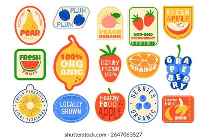 Fruit labels. Product sticker. Apple, lemon and banana patch. Vintage logo. Retro farm badge for food. Peach harvest. Summer fresh tags. ECO natural orange and grape. Vector organic garish stamps set
