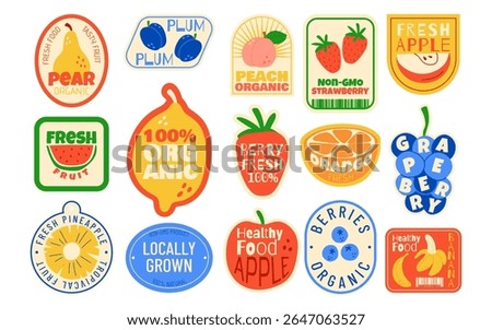 Fruit labels. Product sticker. Apple, lemon and banana patch. Vintage logo. Retro farm badge for food. Peach harvest. Summer fresh tags. ECO natural orange and grape. Vector organic garish stamps set