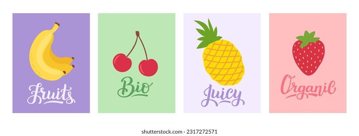 Fruit labels template with hand lettering. Banana, strawberry, cherry and pineapple. Juicy fruits bio food fresh organic. Summer cards design set for label, tag, banner, sticker, any print.