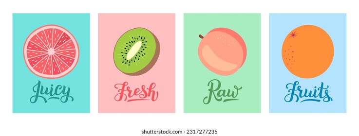 Fruit labels template with hand lettering. Juicy fruits bio food fresh organic. Grapefruit slice, kiwi cut, peach and orange. Summer cards design set for label, tag, banner, packaging sticker print.