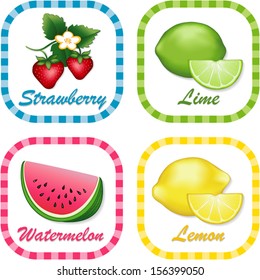 Fruit Labels. Watermelon, Limes, Strawberries. Lemons.  Fresh summer fruits in square gingham check tags with text labels isolated on white background. EPS8 compatible.