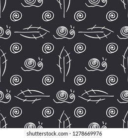 Fruit leaf and snail rural vector seamless pattern. Simplified retro illustration. Wrapping, scrapbook paper background.Childish cartoon style bright garden. Element design, wallpaper, fabric printing