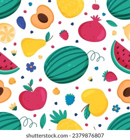Fruit and Leaves Seamless Pattern Design with Sweet Plant Vector Template