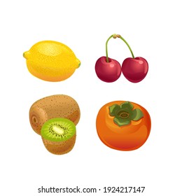 Obst. Zitronen, Kirschen, Kiwi, Persimmon. Vektorgrafik einzeln auf weißem Hintergrund.
