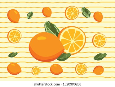 Fruit lemon and illustration of oranges, whole lemons and chunks with pomegranate cut with fruit detail of leaf