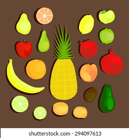 Fruit. Lemon, orange, pineapple, Apple, banana, pear, kiwi, avocado. Vector illustration.