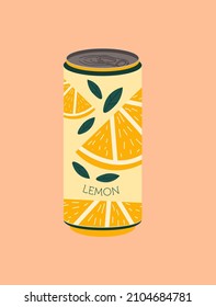 Fruit lemon soda. Sour natural juice in aluminum can. Stickers for social networks. Refreshing organic drink for bar or grocery store. Cartoon flat vector illustration isolated on beige background