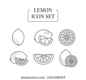 Fruit Lemon whole and half, cut into slices, set of line icons in vector