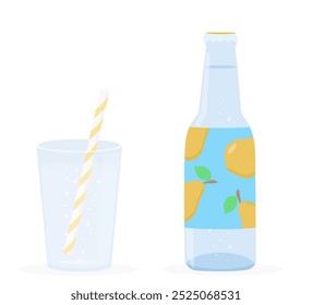 Fruit lemonade or sparkling water in a bottle accompanied by a glass with straw. Carbonated soft drink and beverage with bubbles. Cartoon flat vector elements isolated on white background